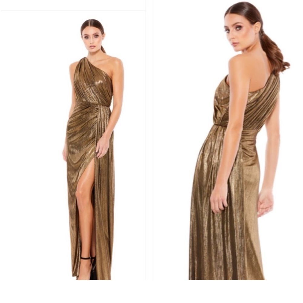 NWT Mac Duggal 26537 Draped One Shoulder Grecian Metallic Gown Dress  Gold Sz 10